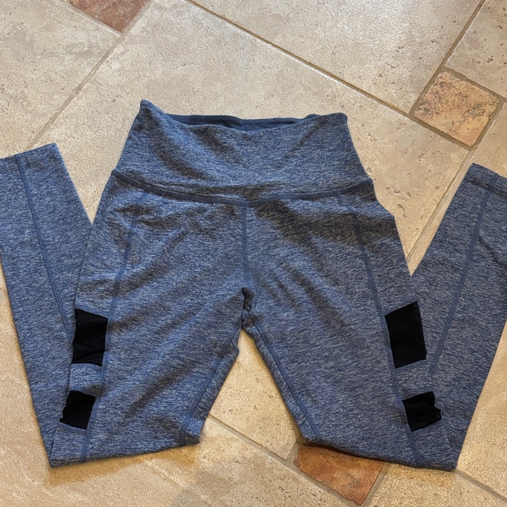 Beyond Yoga Heather Blue Leggings with Black Mesh Details